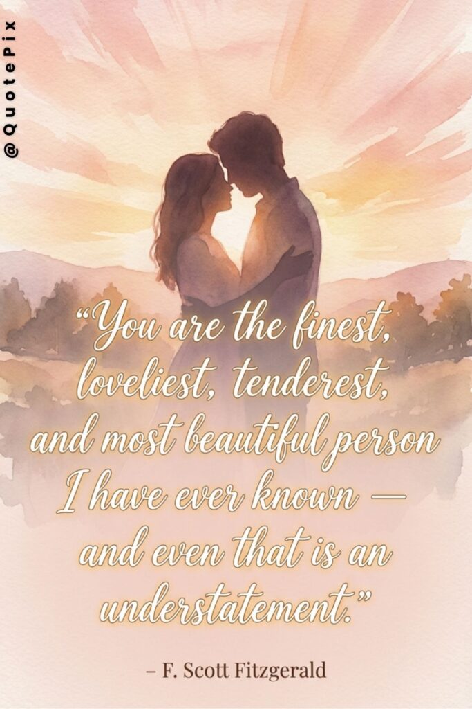 You are the finest, loveliest, tenderest, and most beautiful person I have ever known — and even that is an understatement. Author credit below in small serif font – F. Scott Fitzgerald