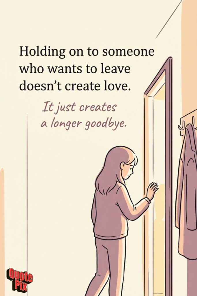 Holding on to someone who wants to leave… Holding on to someone who wants to leave doesn't create love. It just creates a longer goodbye